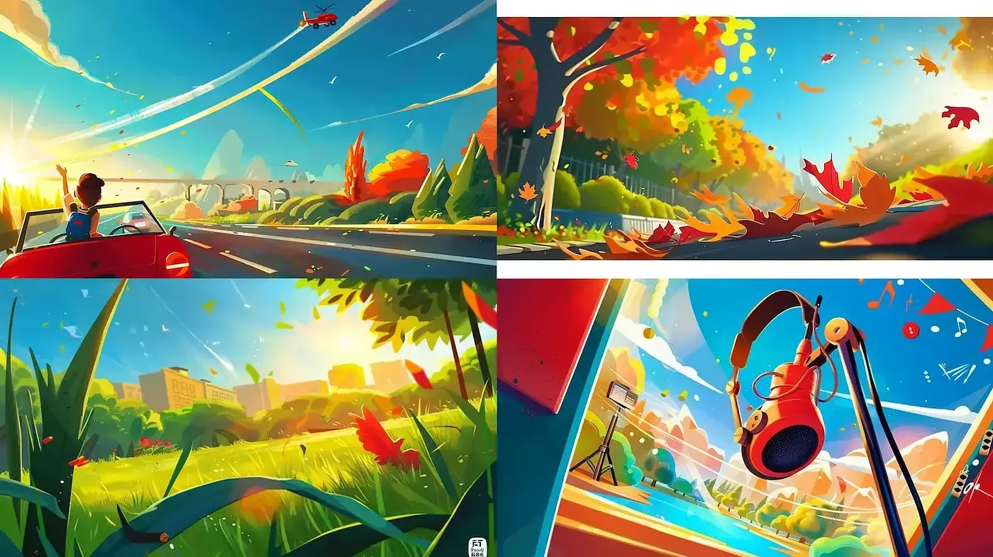 Vibrant and Whimsical Autumn Landscapes with Playful Elements - Midjourney sref style