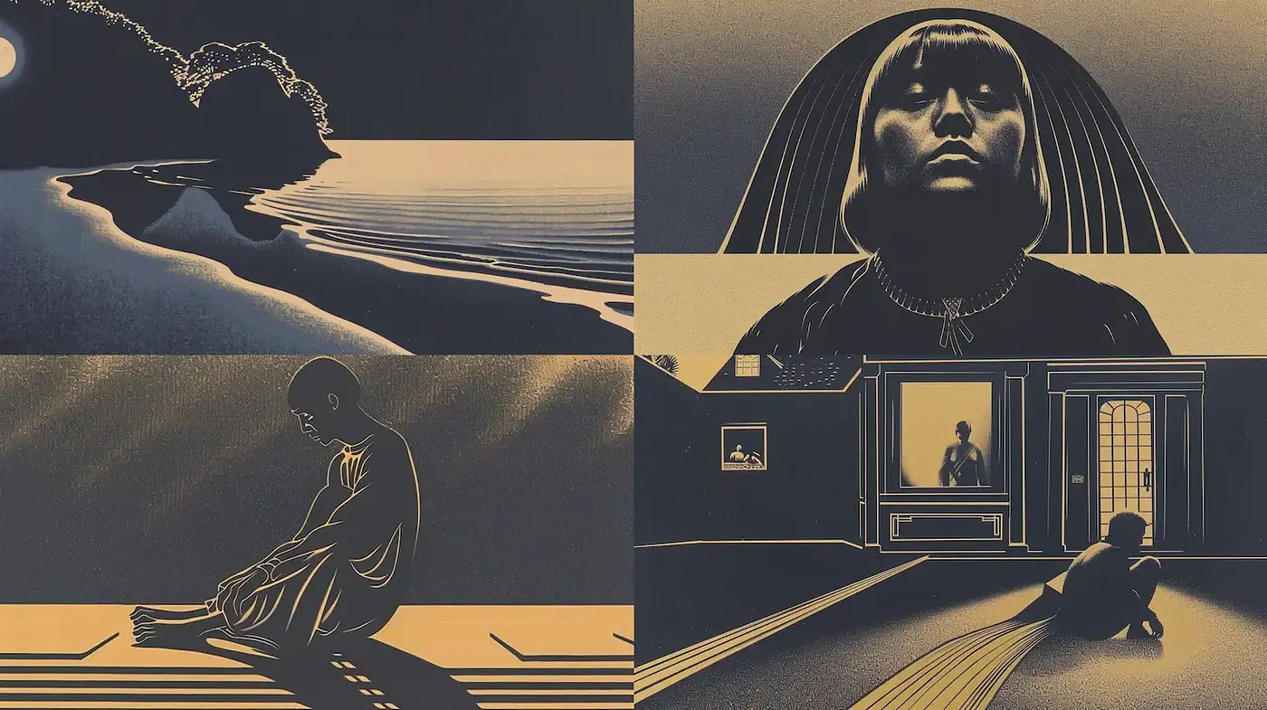 Ethereal, graphic narratives reflecting emotional depth and solitude - Midjourney sref style