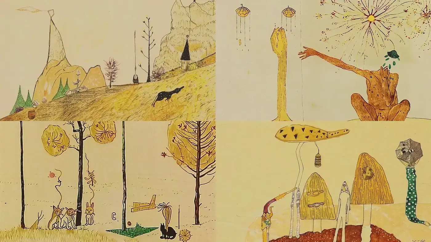 Surreal and whimsical illustration with organic forms and muted tones - Midjourney sref style