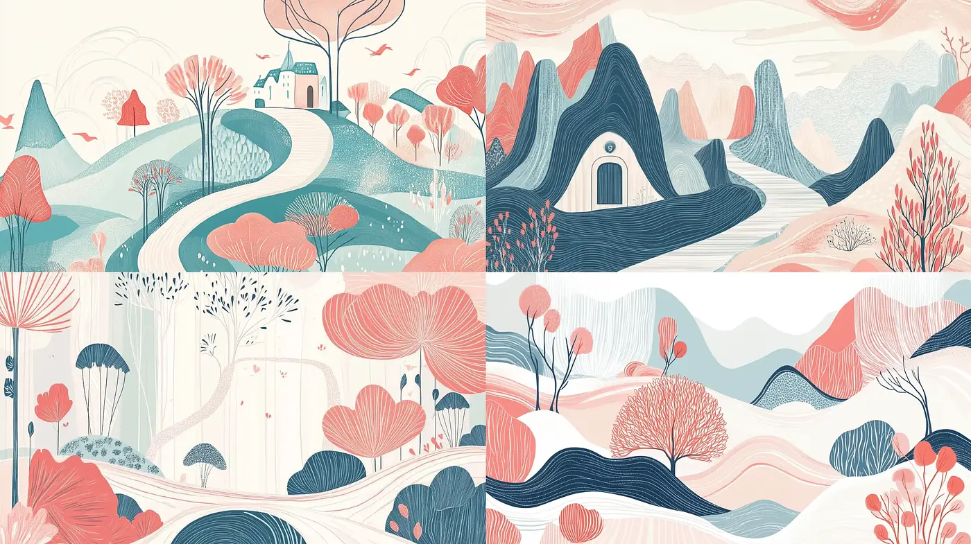 Serene Pastel Landscapes with Stylized Nature Motifs - Midjourney sref style