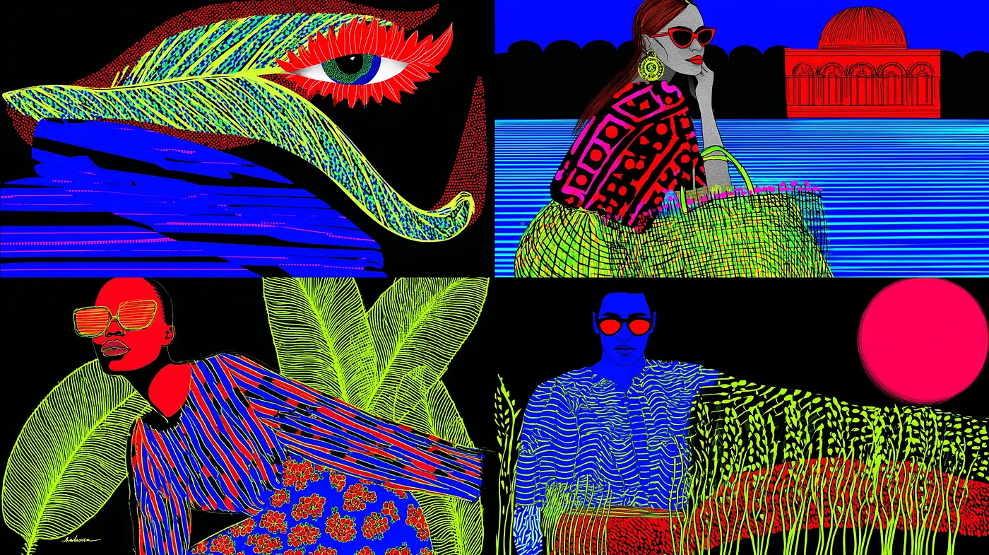 Vibrant Neon Illustrations with Bold Patterns and Geometric Shapes - Midjourney sref style
