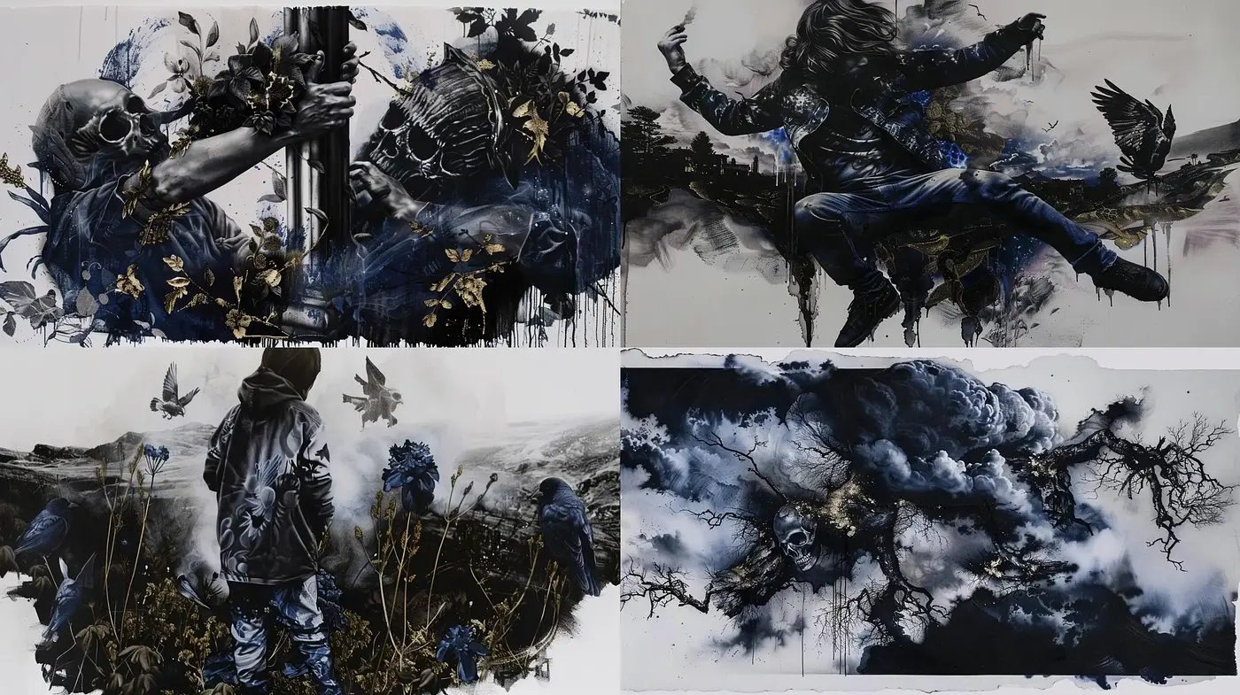 Dynamic Abstract Expressionist Fusion with a Dark Palette - Midjourney sref style