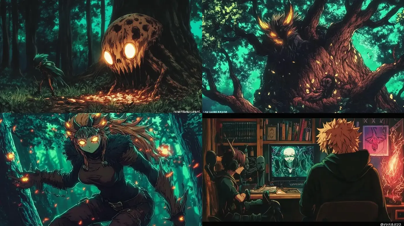 Mystic Forest Nocturne: An Enigmatic Journey in Emerald and Obsidian Hues - Midjourney sref style