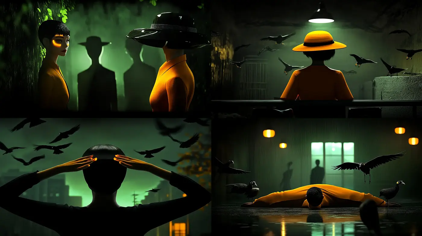 Noir-Inspired Cinematic Ambiance with a Surrealist Twist - Midjourney sref style