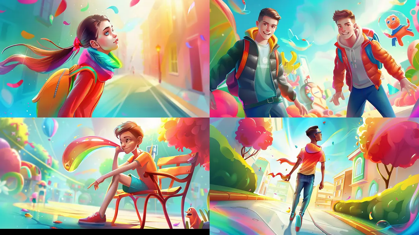 Vibrant Surreality: A Dynamic Fusion of Cartoonish Exuberance and Dreamlike Chromatism - Midjourney sref style