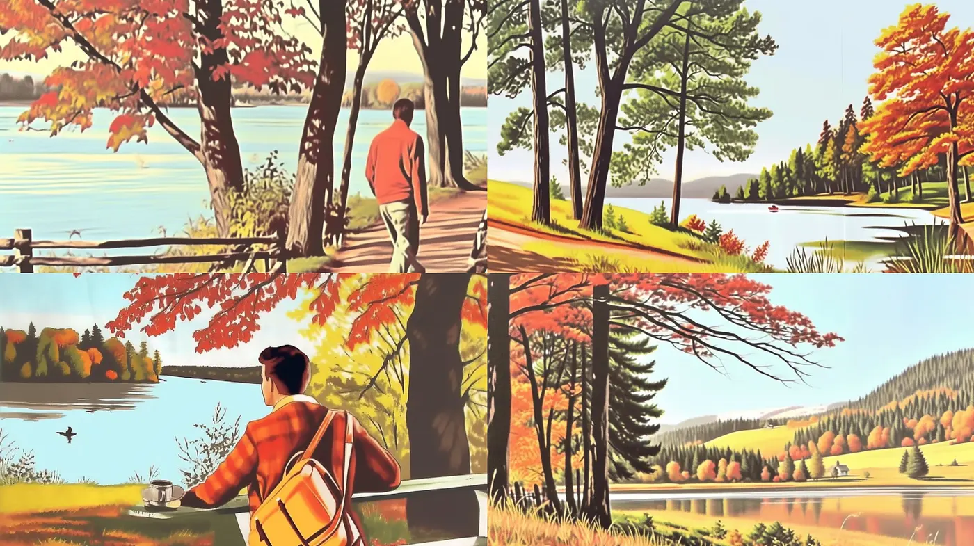 Autumnal Serenity Captured in Stylized Pastoral Tableaux - Midjourney sref style