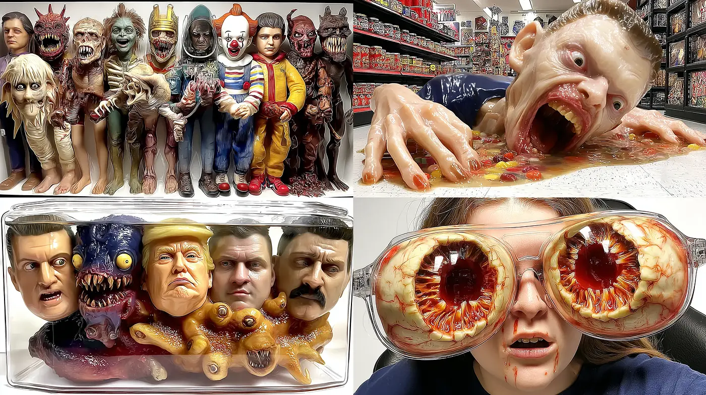 Surreal and grotesque display of horror-inspired figures with a playful twist - Midjourney sref style