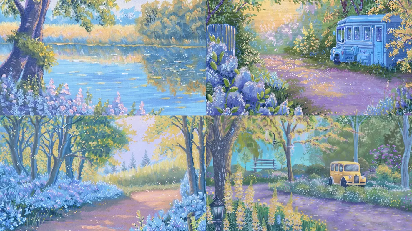 Idyllic Pastoral Dreamscape: A Harmonious Blend of Soft Hues and Gentle Textures - Midjourney sref style