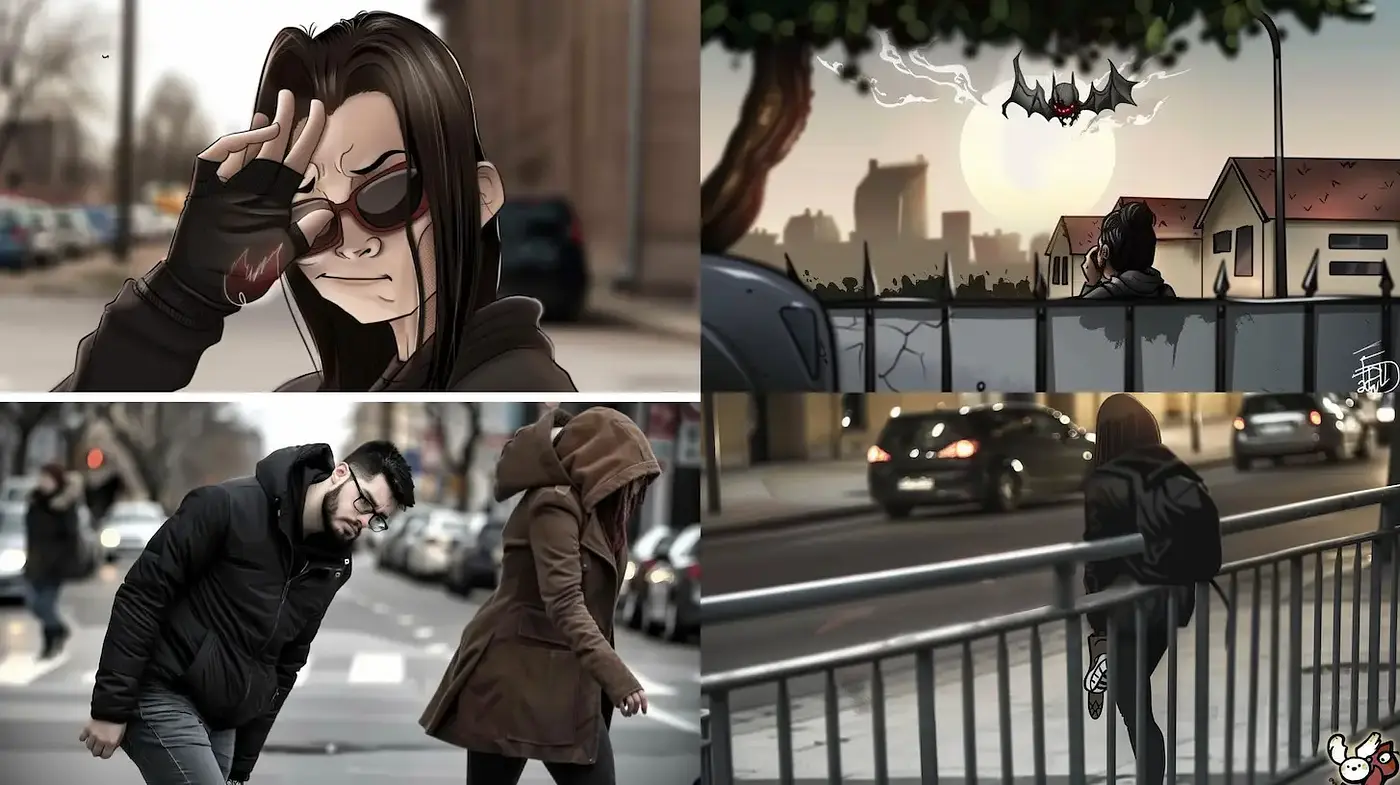 Dynamic urban narrative with a blend of realism and cartoon elements - Midjourney sref style