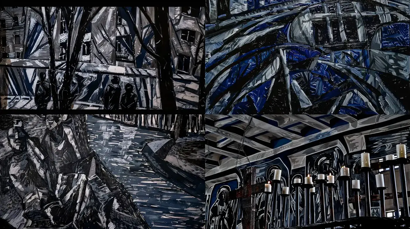 Dramatic and Textured Urban Scenes with Monochromatic Themes - Midjourney sref style