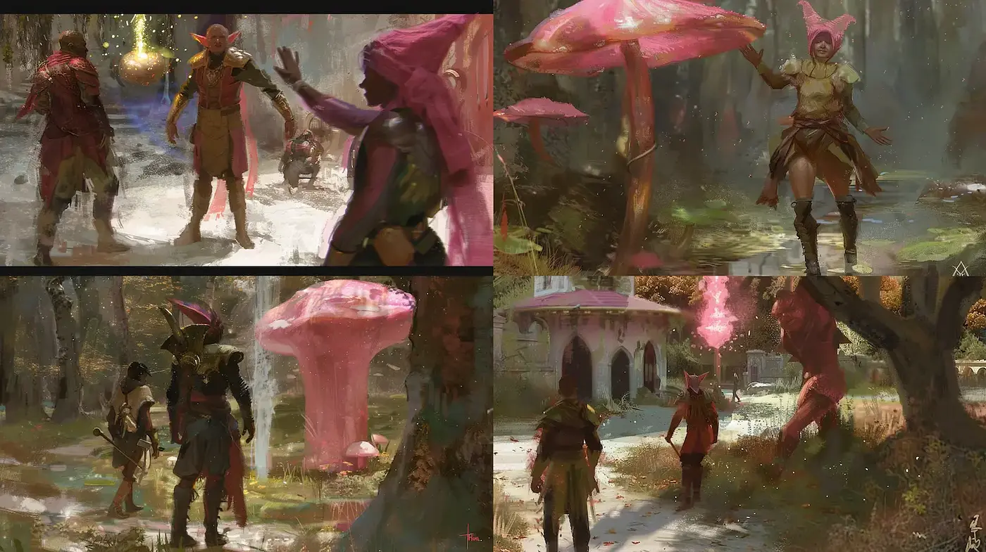 Surreal Fantasy Landscape with Playful Characters - Midjourney sref style