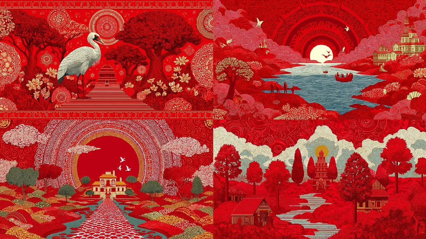 Vibrant and Detailed Red-Themed Illustrations with Nature Elements - Midjourney sref style