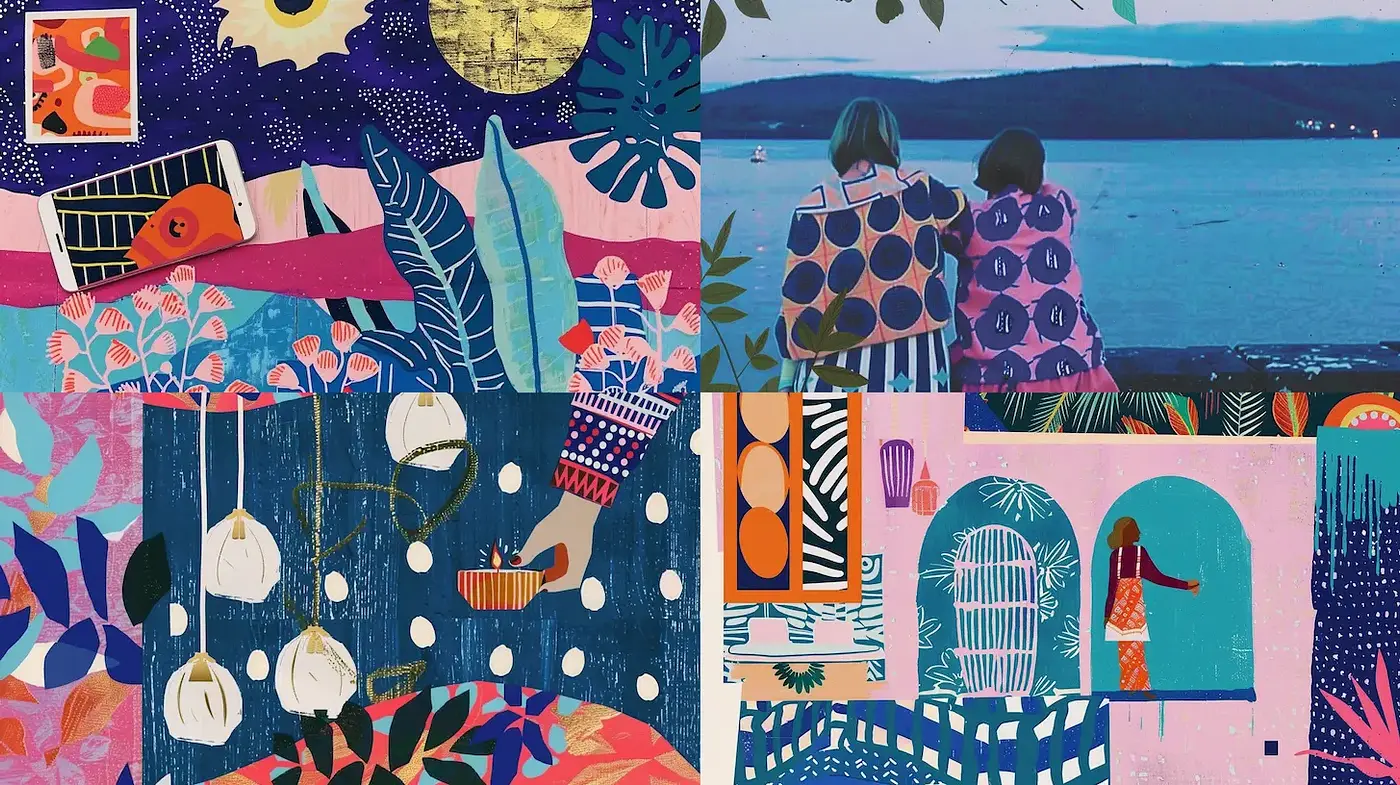 Vibrant and Playful Illustrative Style with Bold Patterns and Textures - Midjourney sref style