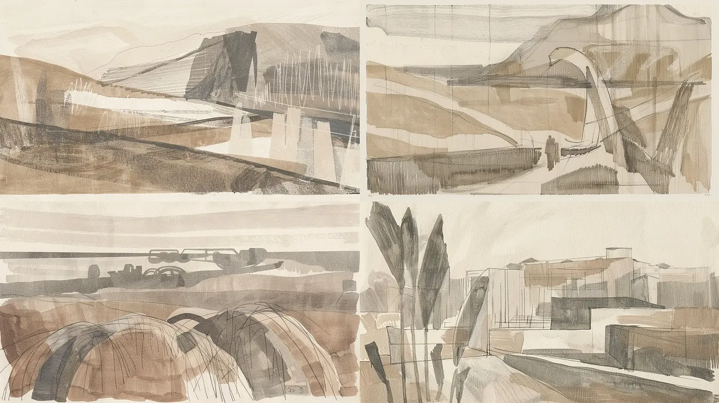 Sepia-toned Abstract Architectural Impressions - Midjourney sref style