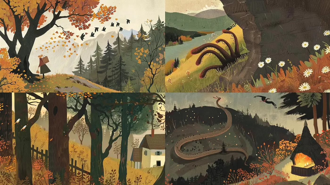 Autumnal Serenity in Stylized Pastoral Vignettes - Midjourney sref style