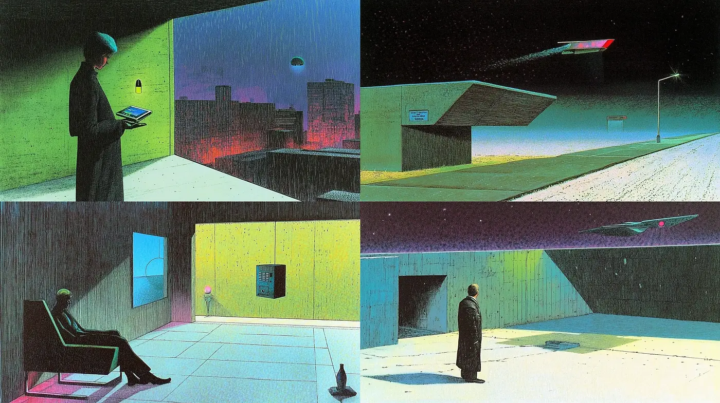 Neon-Noir Dreamscapes: A Homage to Retrofuturistic Solitude - Midjourney sref style