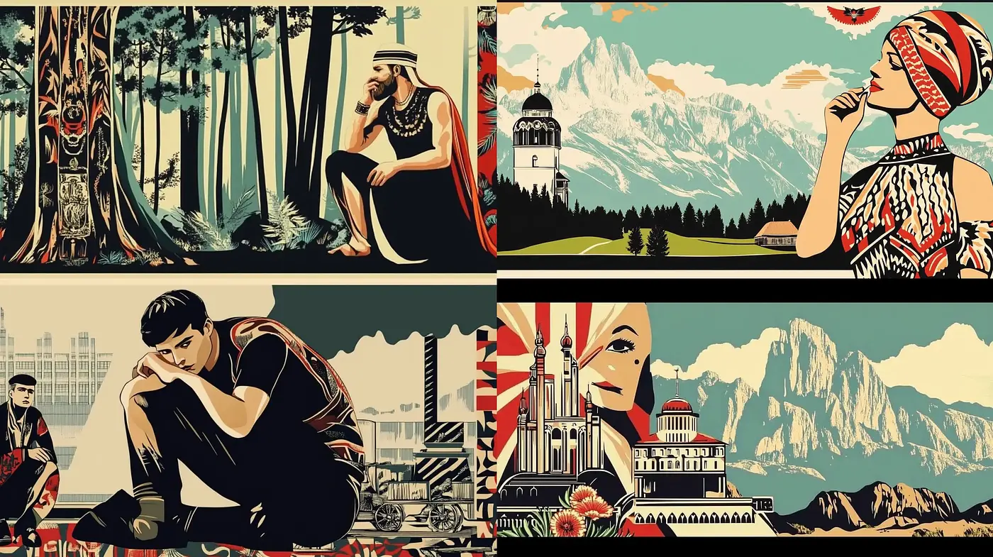 Retrofuturist Travel Poster Aesthetic with Stylized Vignettes - Midjourney sref style