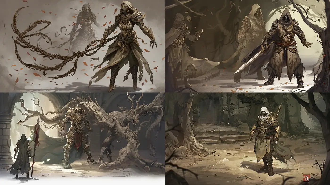 Shadowed Elegy of Monochrome Warriors: A Homage to Dark Fantasy Artistry - Midjourney sref style
