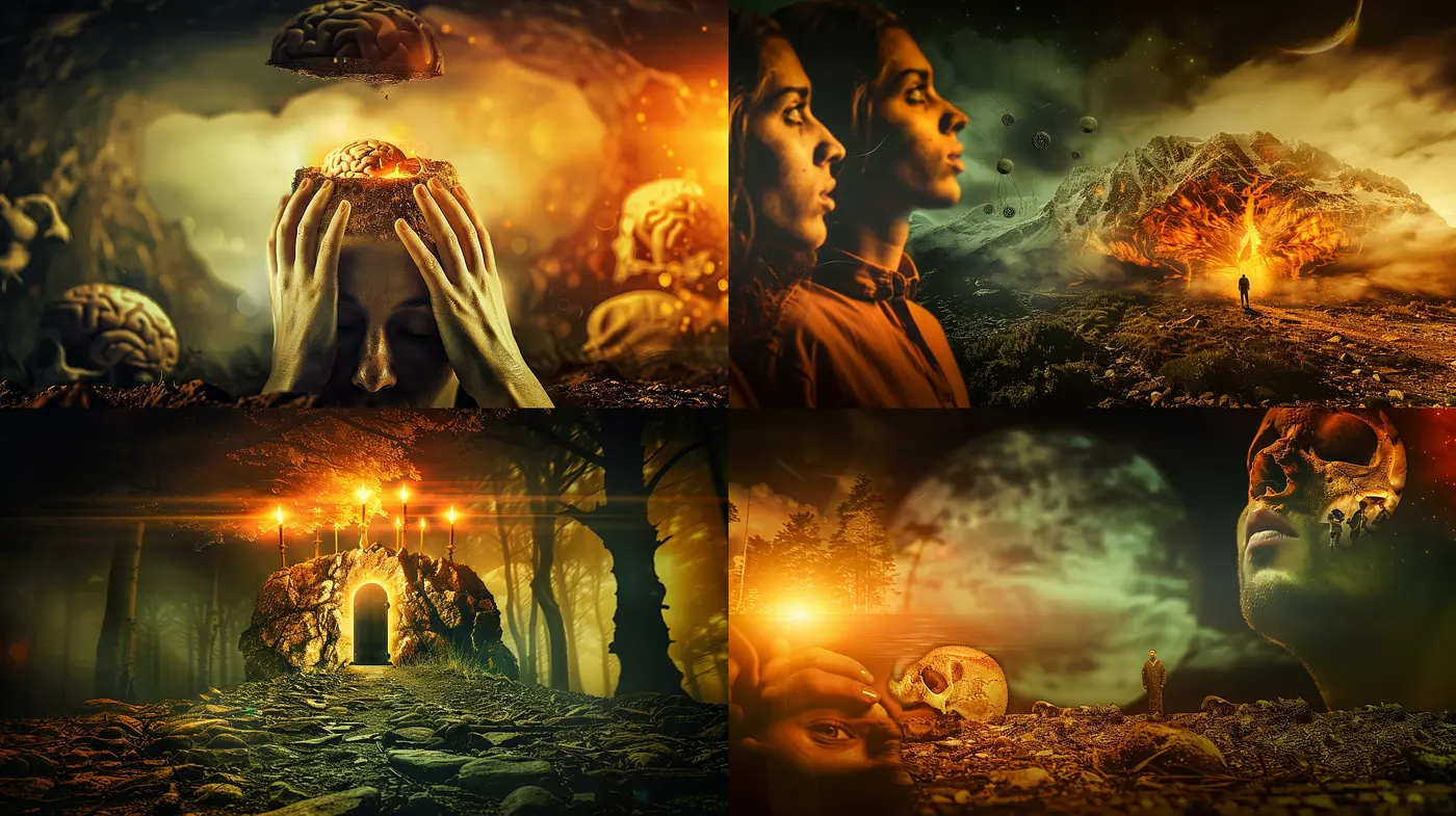 Ethereal Dreamscape Convergence in a Surrealistic Golden Hue - Midjourney sref style