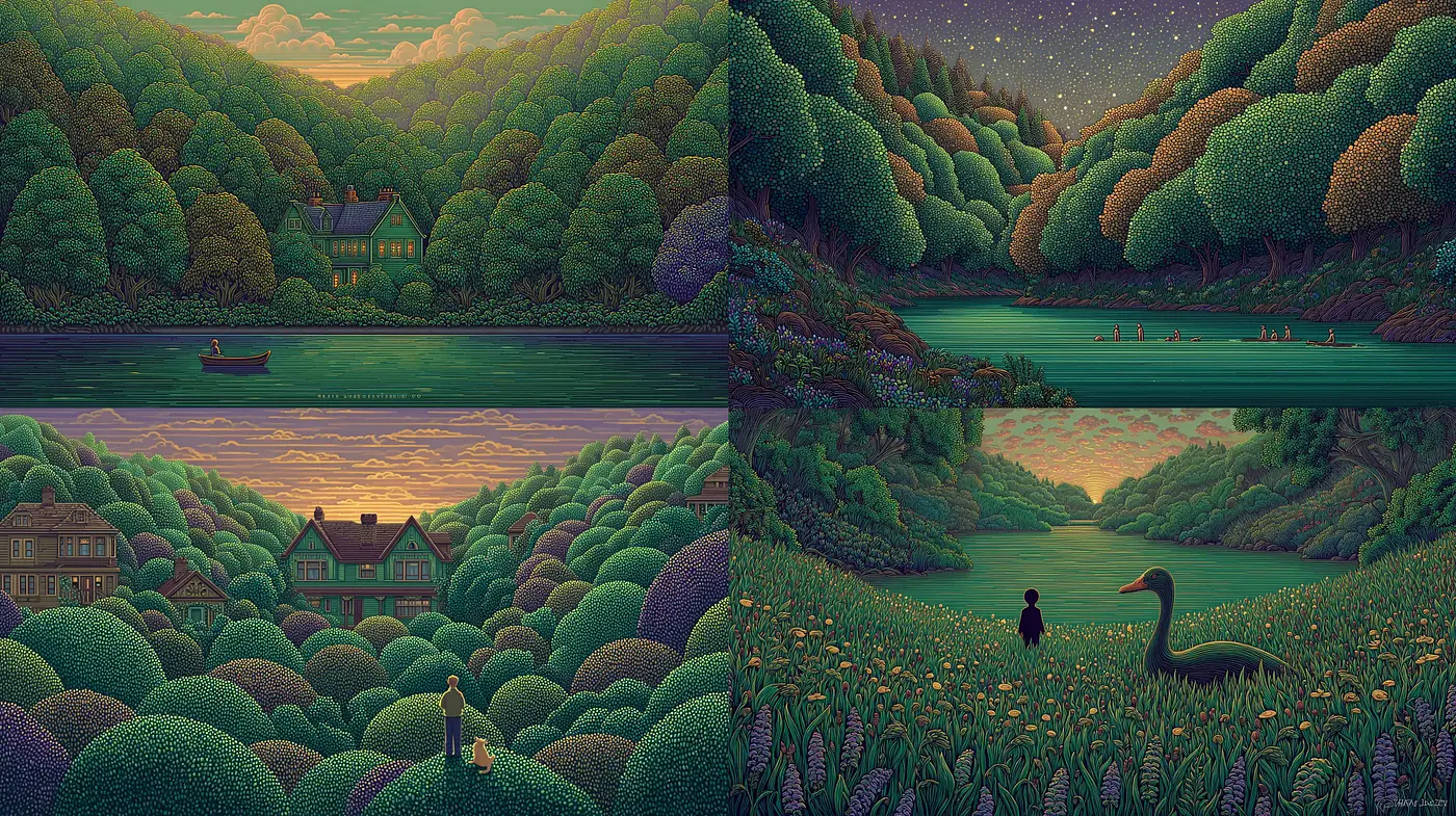 Serene Landscapes with Lush Textures and Dreamlike Ambiance - Midjourney sref style