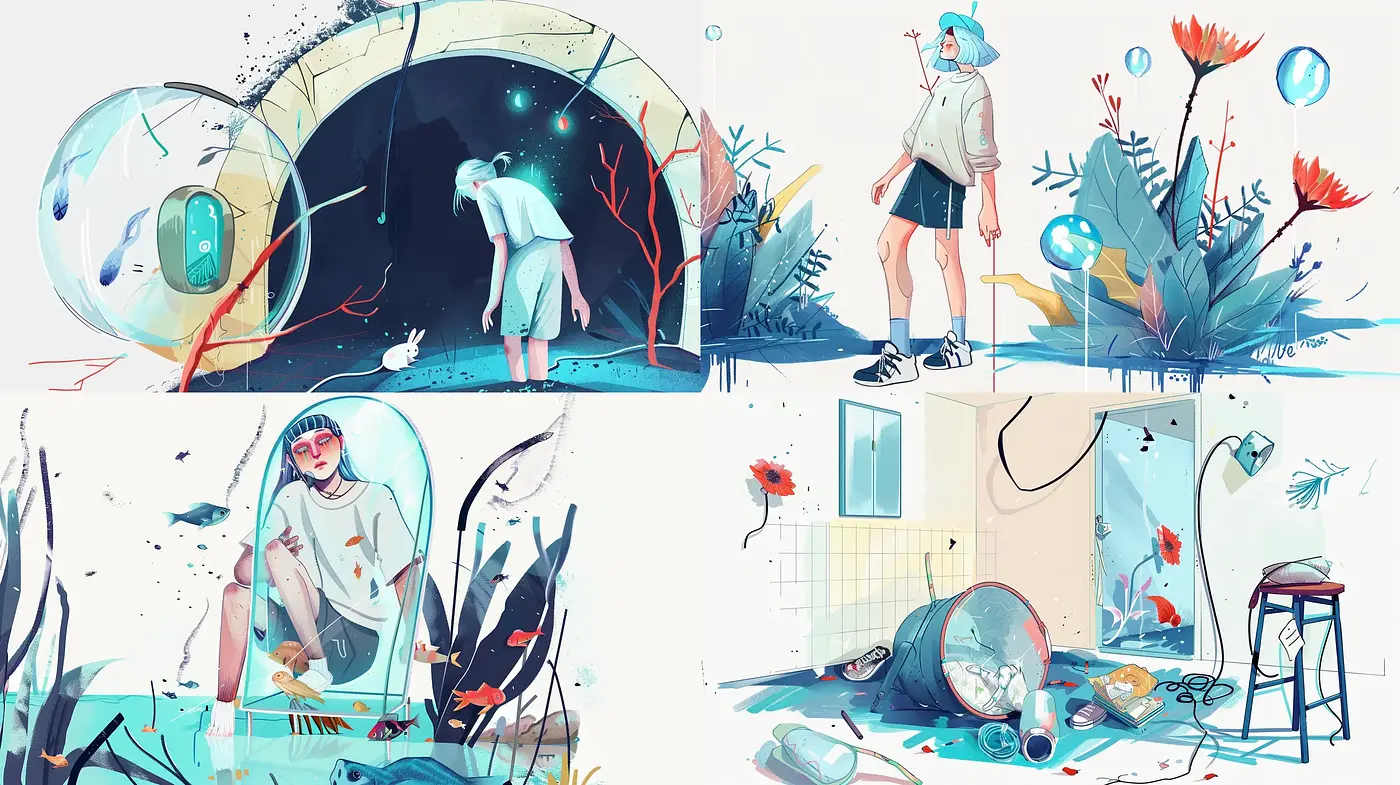 Aquatic Serenity in Stylized Surreal Illustration - Midjourney sref style