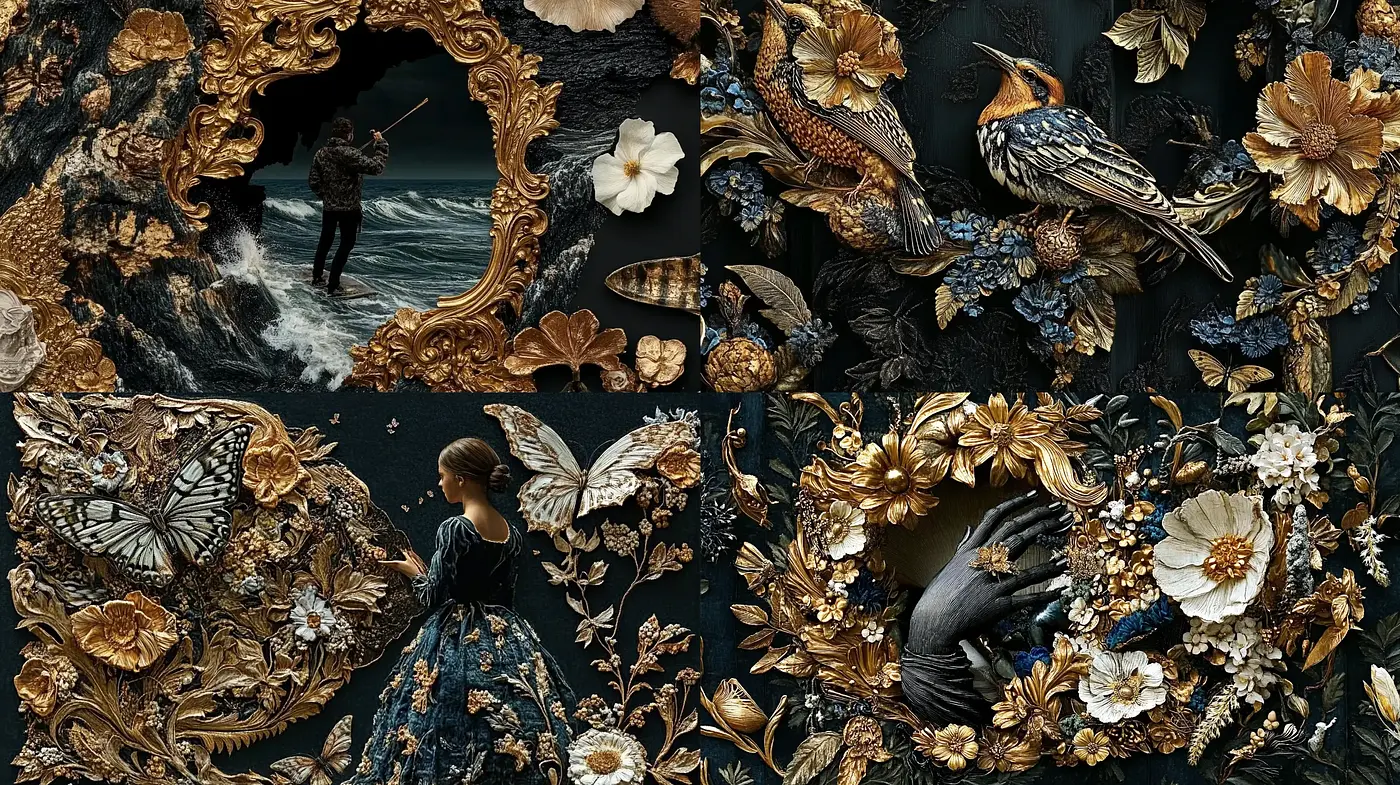 Baroque Reverie: A Fusion of Golden Opulence and Chiaroscuro Mystique - Midjourney sref style