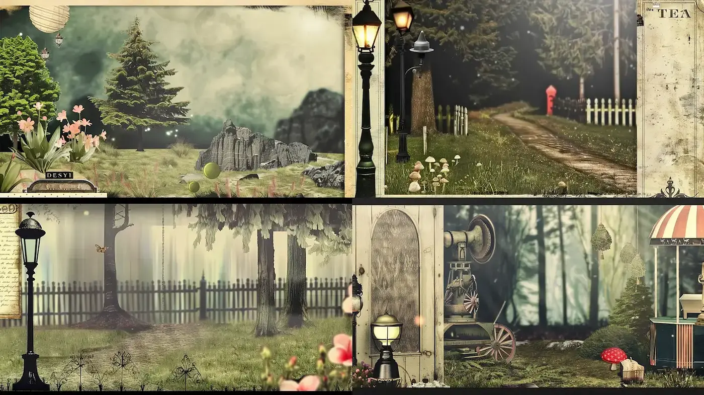 Whimsical Vintage Landscape with a Nostalgic Ambiance - Midjourney sref style