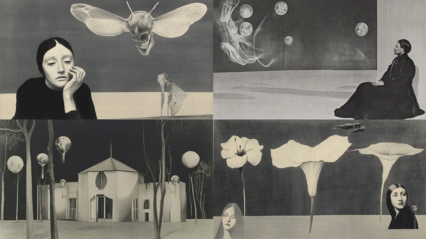Surrealist Dreamscape Collage with Monochromatic Tones - Midjourney sref style