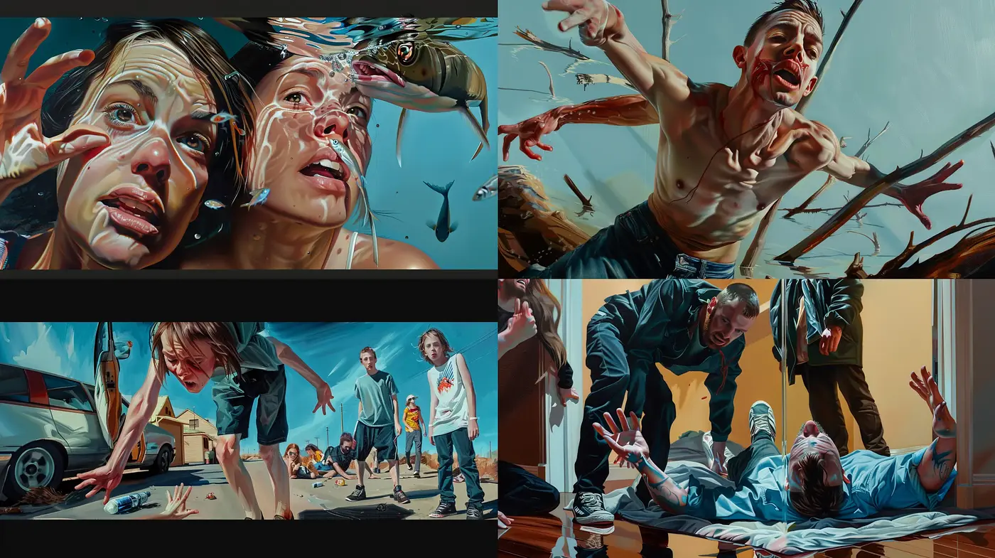 Dynamic Distortion of Reality in Cinematic Brushwork - Midjourney sref style