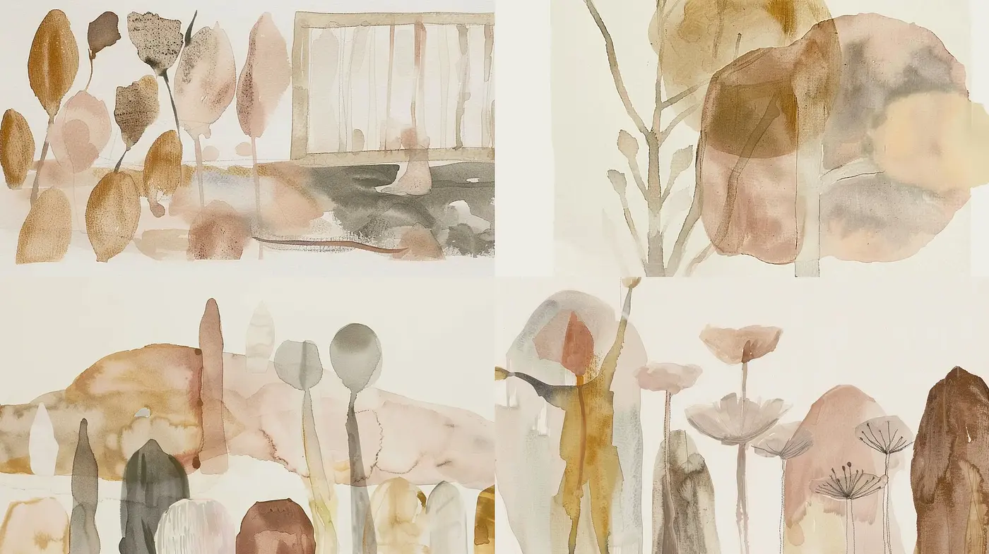 Warm Tones Watercolor Elegance with Abstract Natural Elements - Midjourney sref style