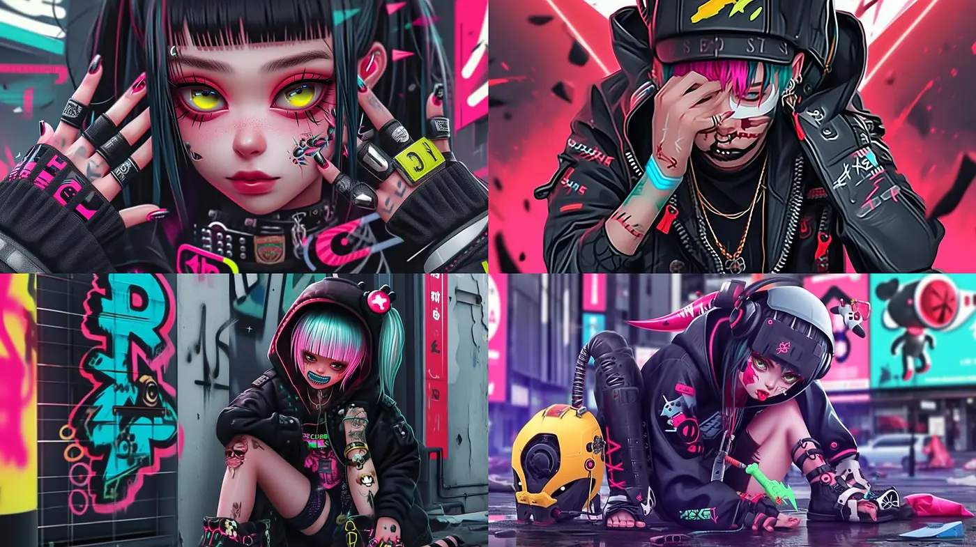 Cyberpunk Neon Contrasts: A Vibrant Fusion of Digital Artistry and Urban Fantasy - Midjourney sref style