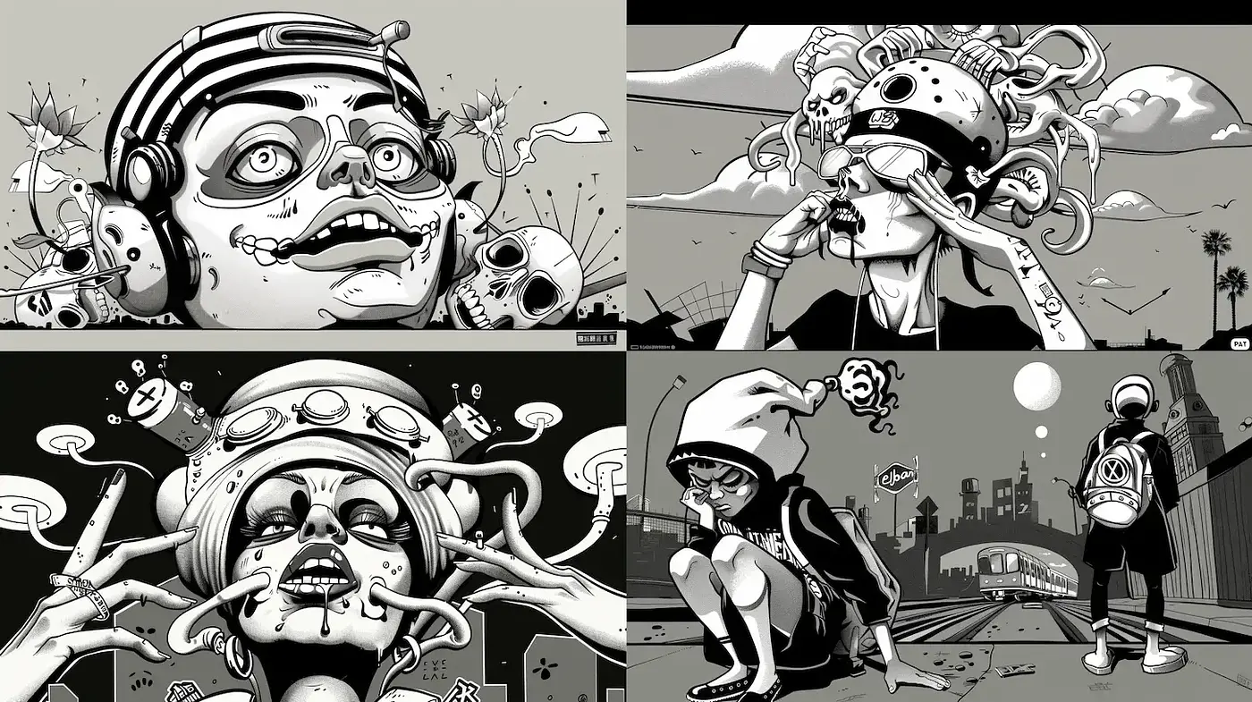 Urban surrealism with a monochromatic aesthetic and a touch of pop culture - Midjourney sref style
