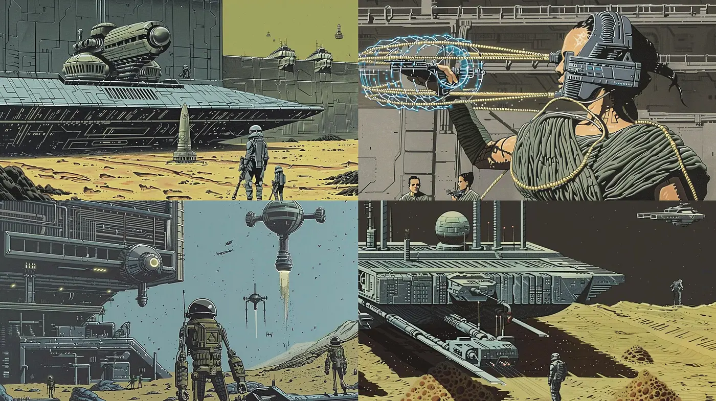 Futuristic Desert Outpost with Retro Science Fiction Essence - Midjourney sref style