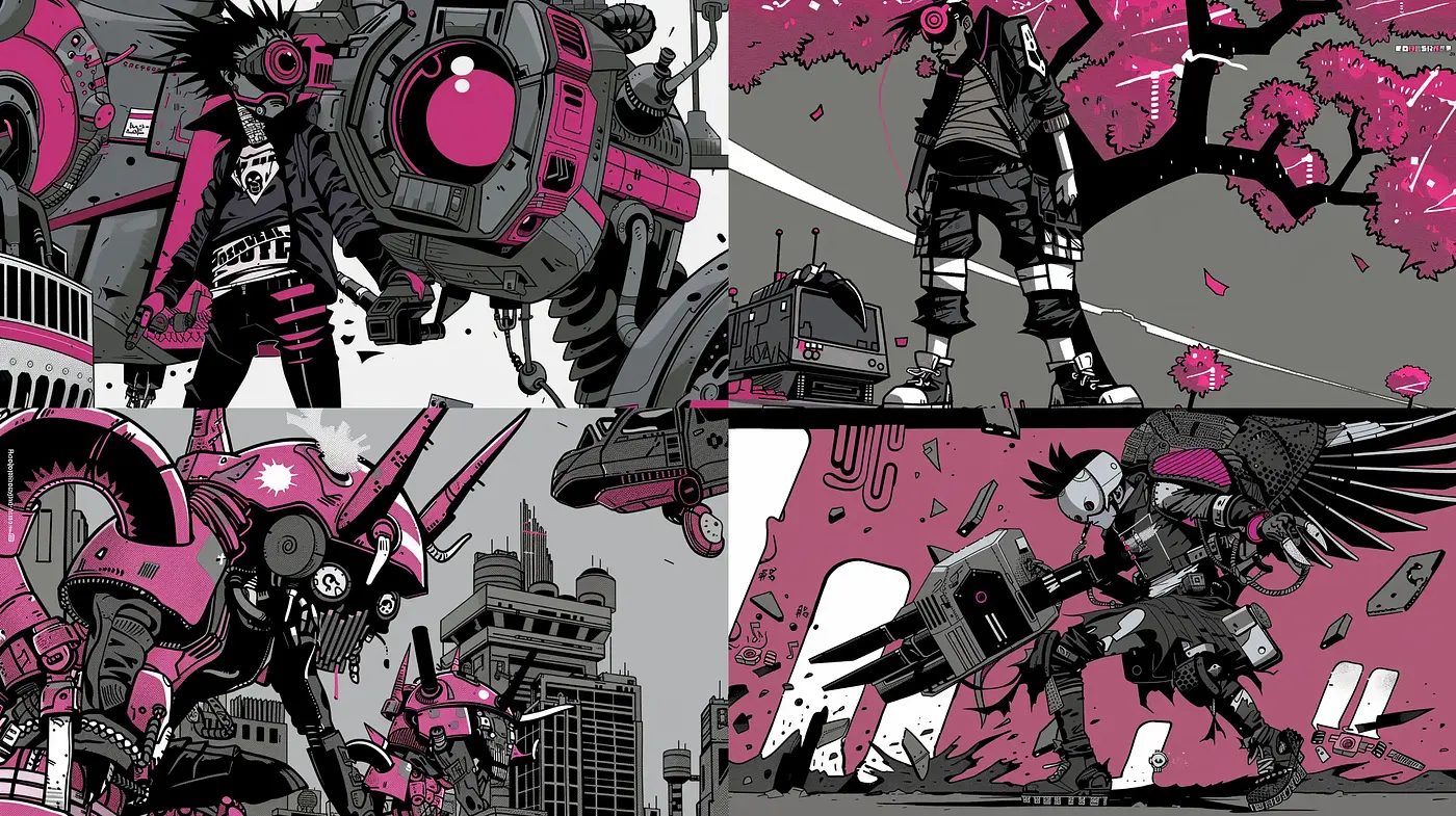 Futuristic Cyberpunk Narratives with a Vivid Magenta and Monochrome Palette - Midjourney sref style
