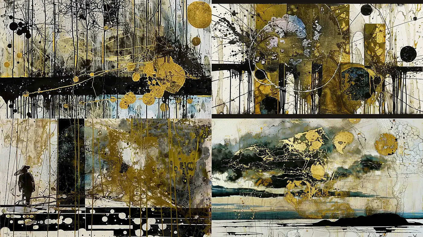 Abstract Fusion in Gold and Monochrome - Textured Allure of Dripping Paint - Midjourney sref style