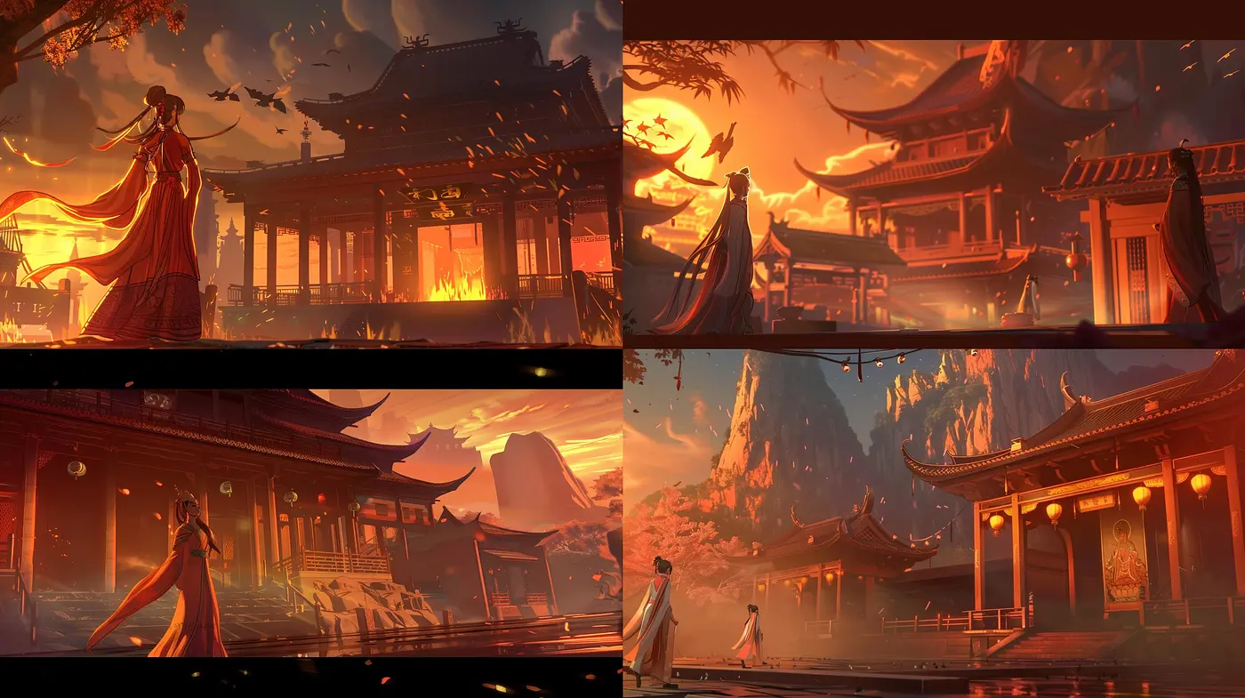 Warm Oriental Twilight: Consistent Hues and Artistic Style Across Oriental Landscapes - Midjourney sref style