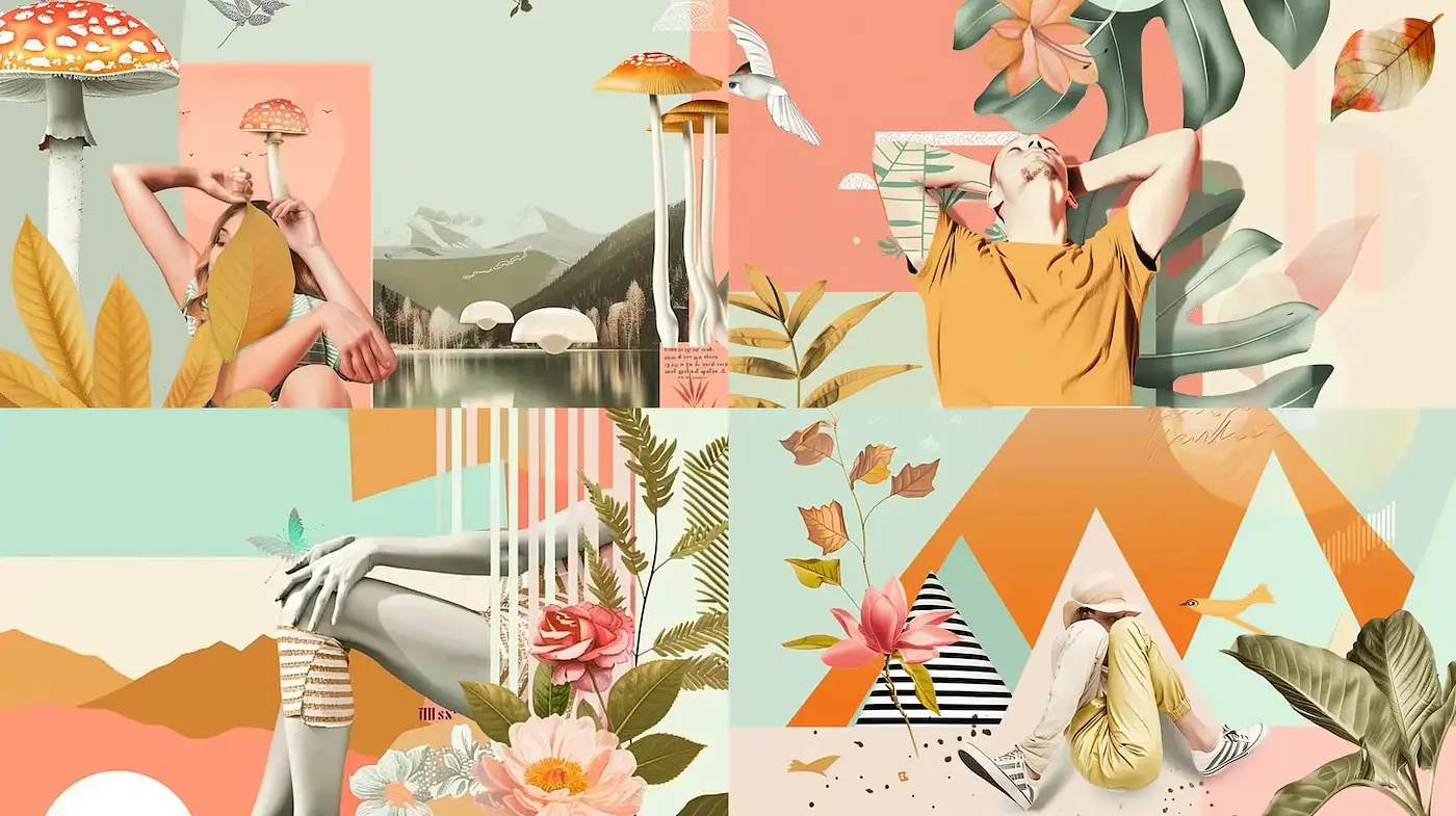 Vibrant Retro Collage with Organic Elements and Geometric Forms - Midjourney sref style