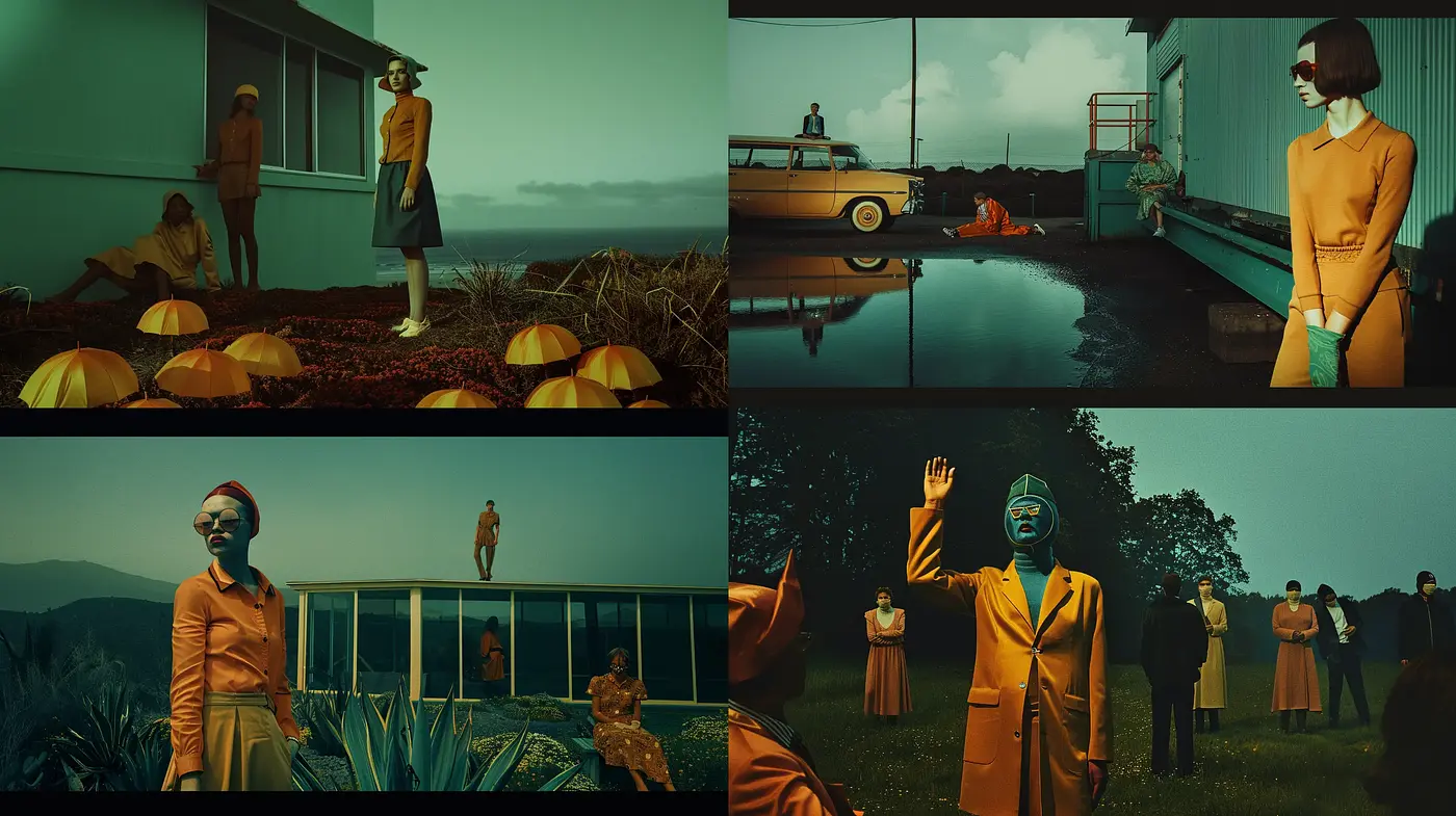 Twilight Hues: A Cinematic Retrofuturism in Stylized Tableaus - Midjourney sref style