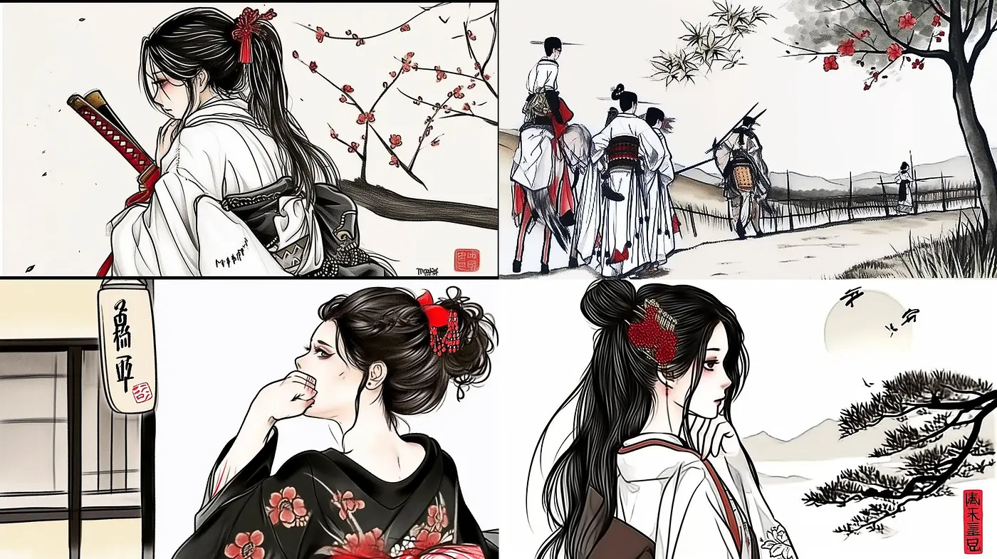 Harmonious Blend of Traditional Ink Wash and Manga Illustrations - Midjourney sref style