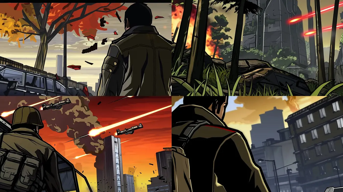 Stylized Graphic Novel Vistas Embracing Vibrant Contrasts and Dynamic Compositions - Midjourney sref style