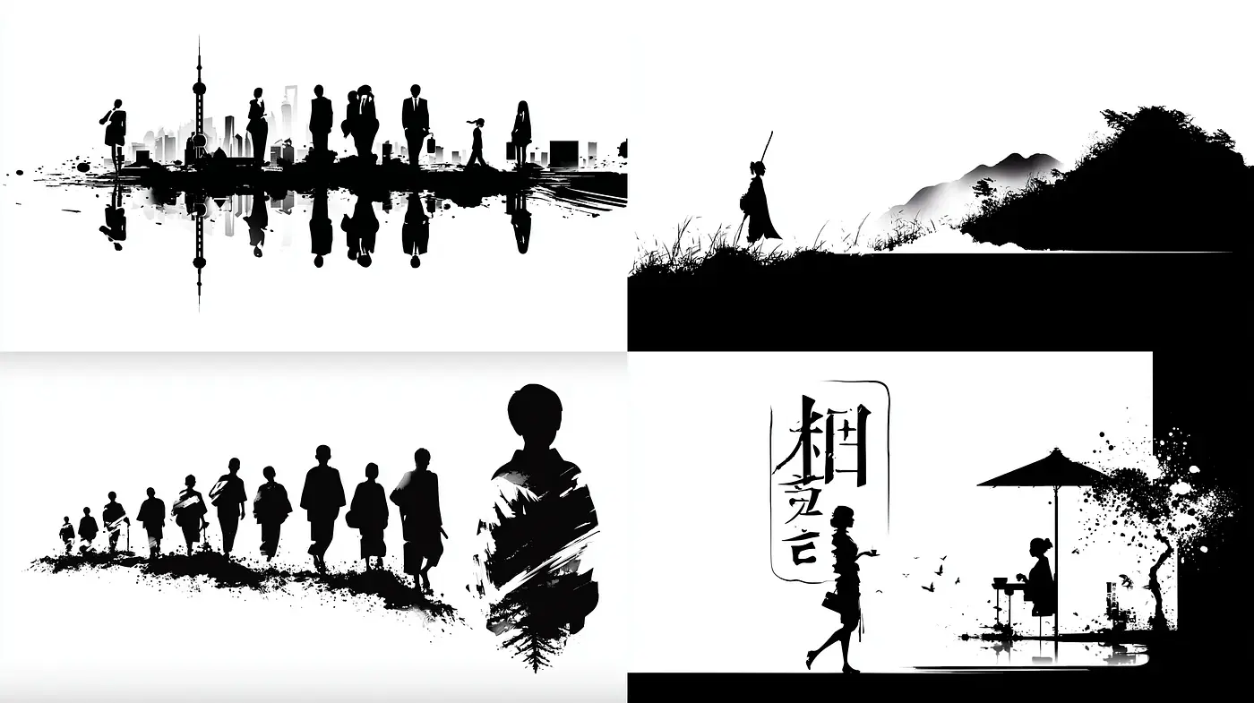 Dynamic and Ethereal Black and White Silhouettes Inspired by Japanese Aesthetics - Midjourney sref style