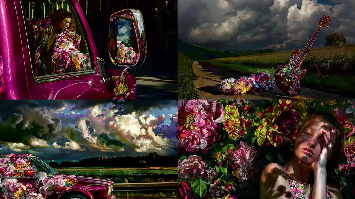 Vibrant Floral Surrealism with Dramatic Textures and Emotional Depth - Midjourney sref style