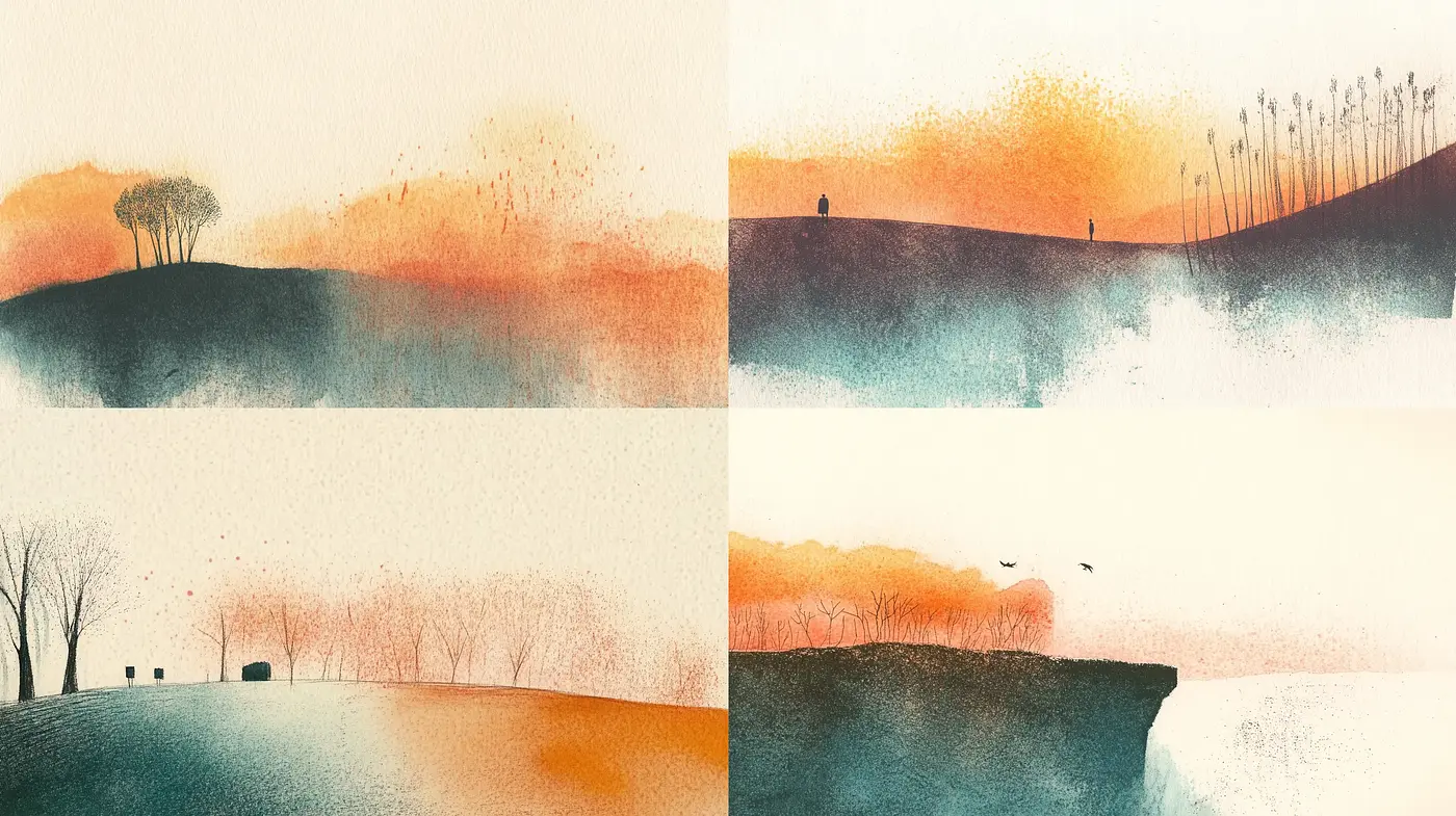 Serene Watercolor Landscapes with Warm Tonal Harmony - Midjourney sref style