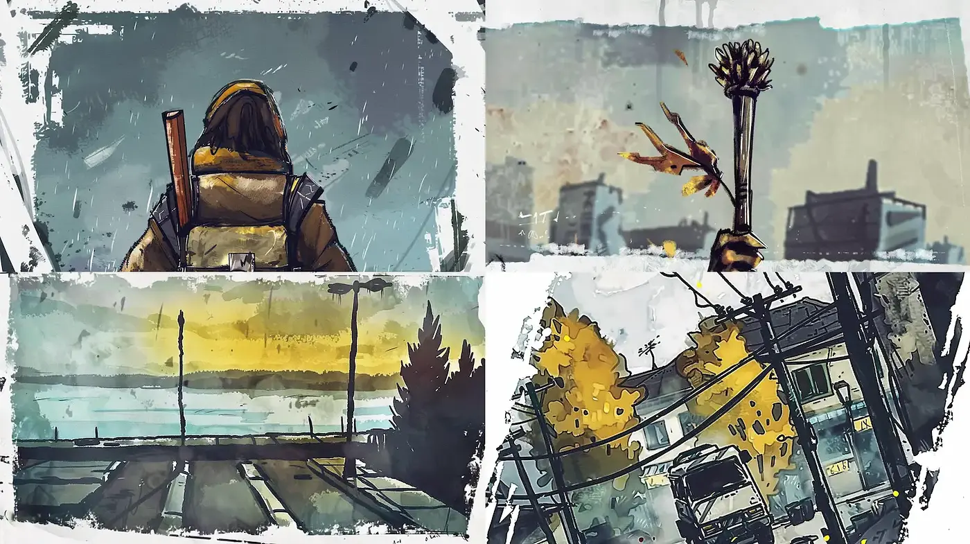 Exploratory Artistic Style Infused with a Nostalgic Post-Apocalyptic Vibe - Midjourney sref style