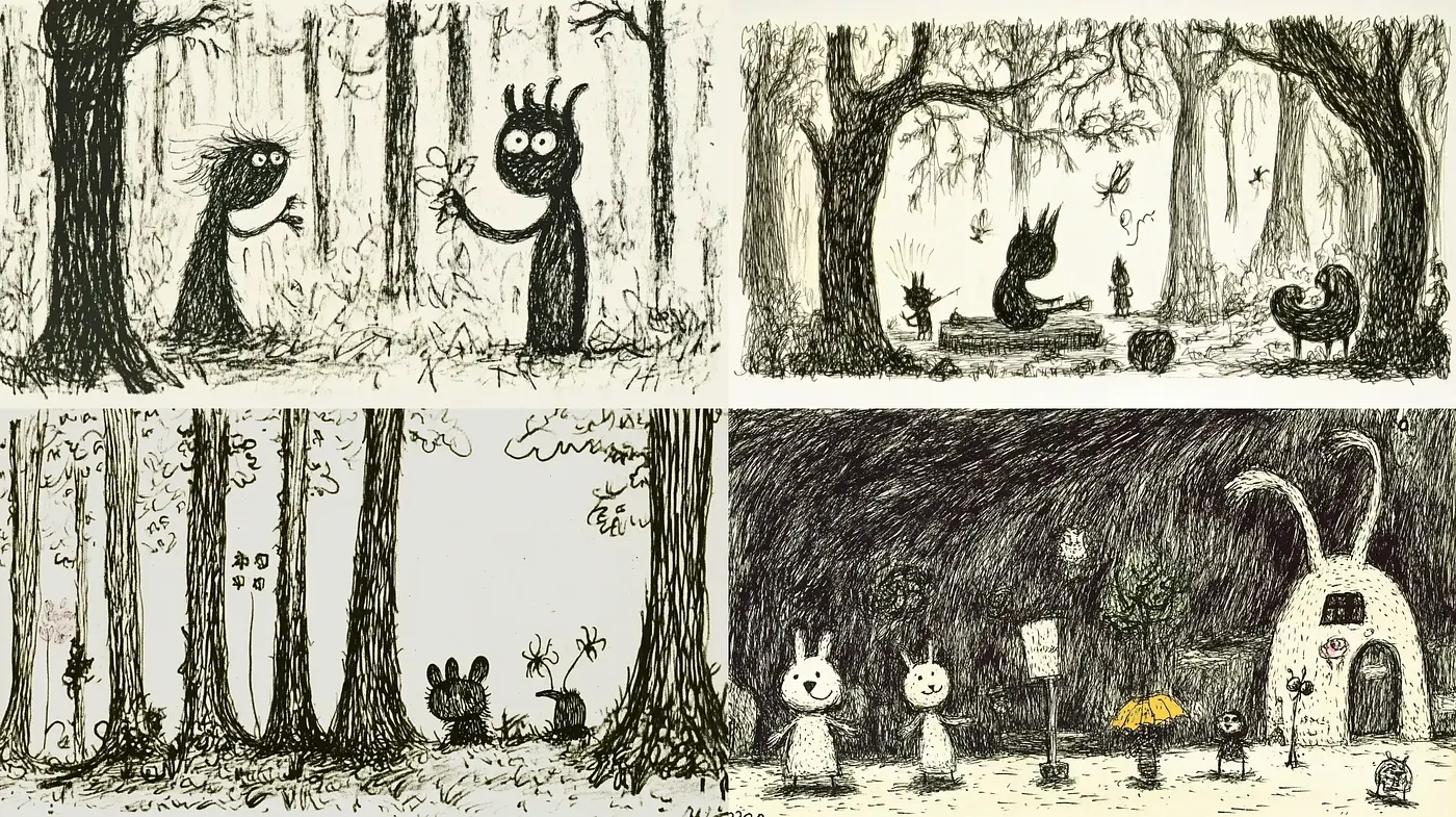 Whimsical Forest Fables Illustrated in Monochromatic Sketch - Midjourney sref style