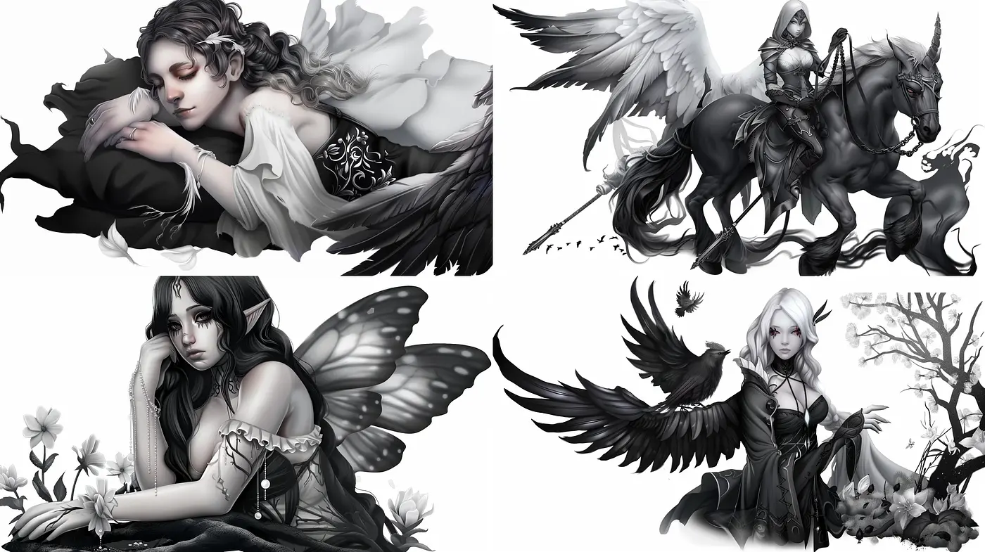 Monochrome Fantasy: An Exploration of Mythical Elegance in Grayscale - Midjourney sref style