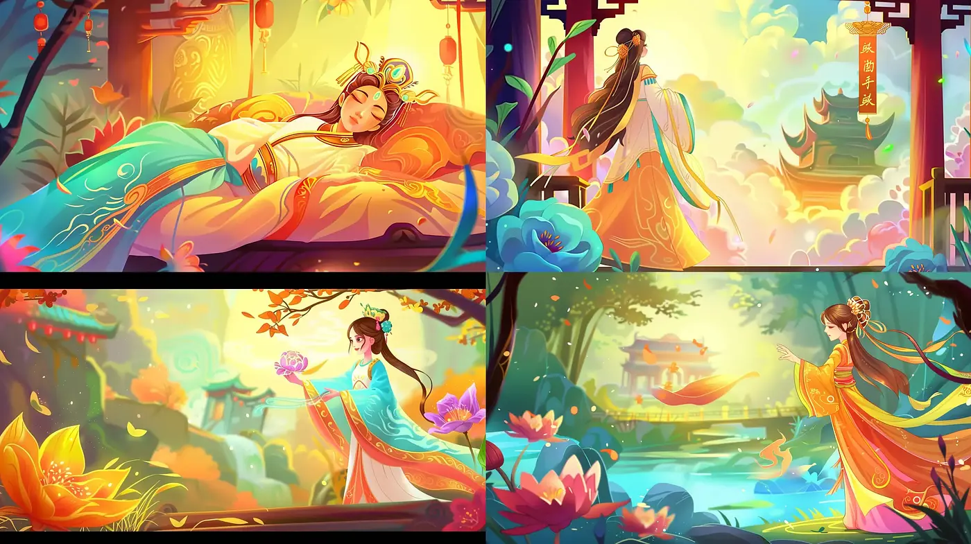 Mythical Sunrise Hues: A Dreamy Fusion of Vibrant Storybook Illustration - Midjourney sref style