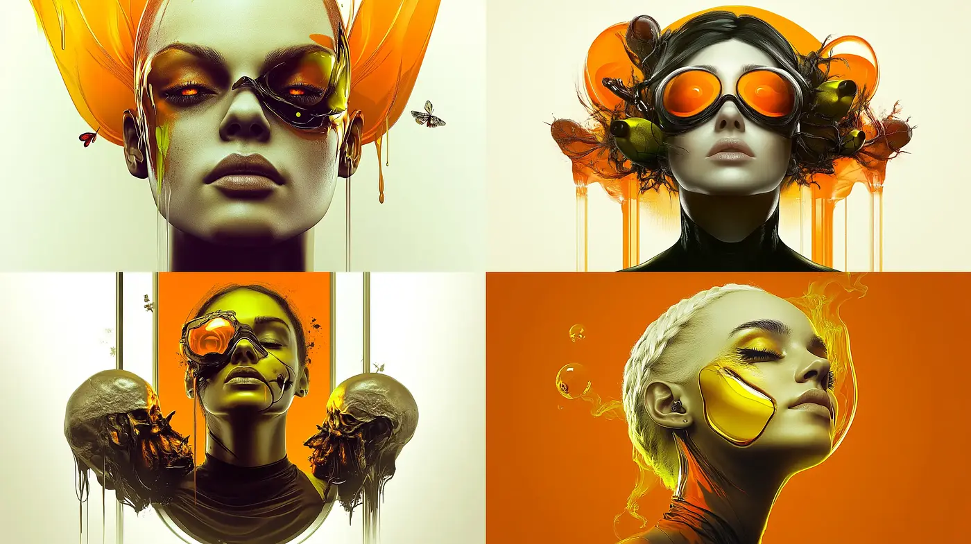 Surreal Radiance: A Harmonious Blend of Oranges and Retro-Futuristic Imagery - Midjourney sref style