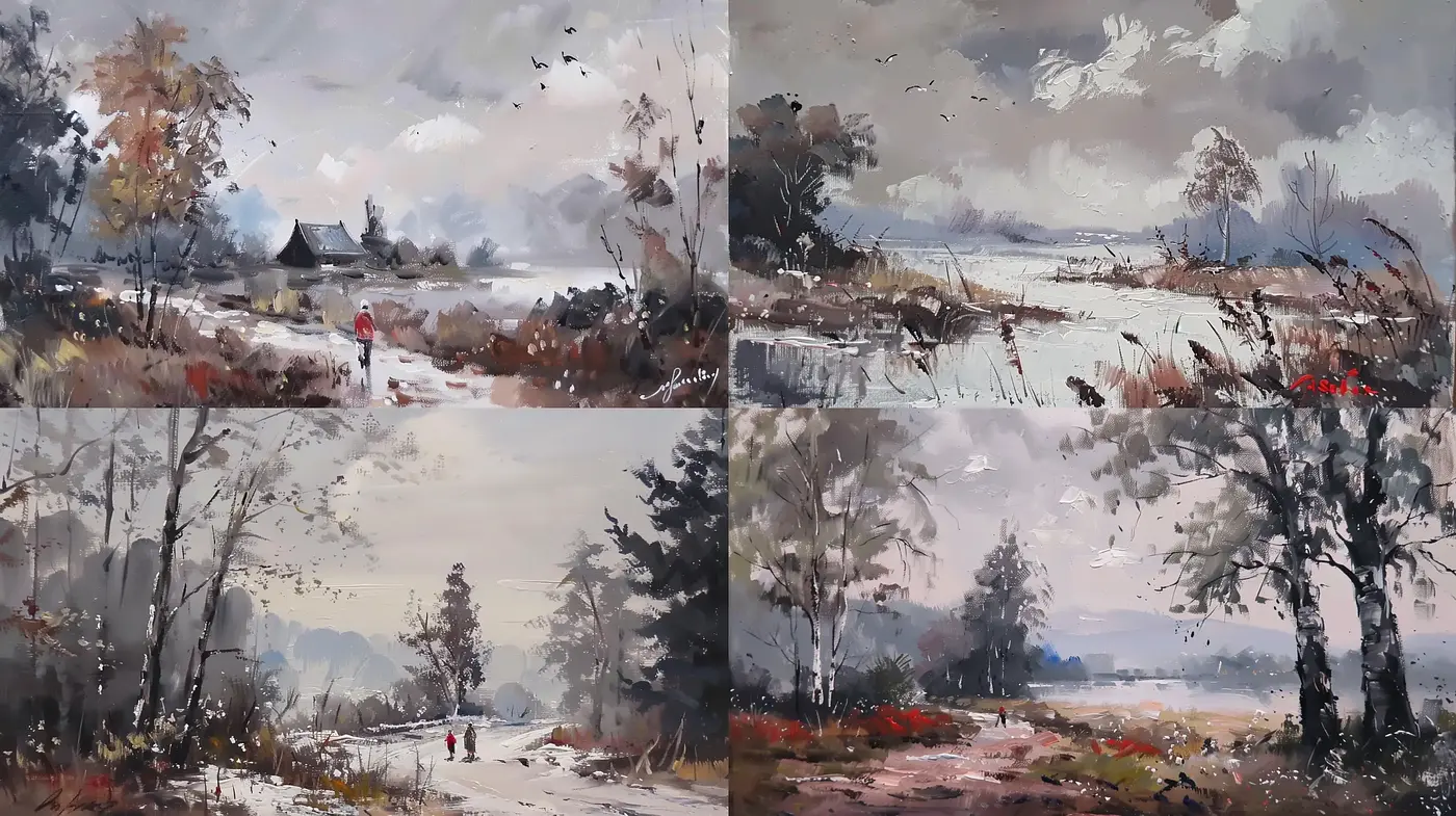 Subdued Elegance in Brushstroke Landscapes - A Cohesive Ode to Pastoral Serenity - Midjourney sref style