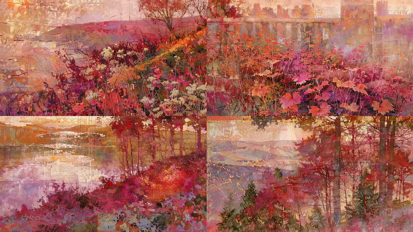 Ethereal Autumnal Hues and Textured Vistas: A Study in Digitally Crafted Impressionism - Midjourney sref style